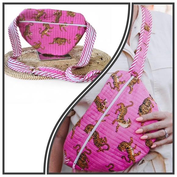 Folklore Couture Tiger Pink White Quilted Belt Bag Crossbody Sling Fanny Pack - Picture 1 of 13